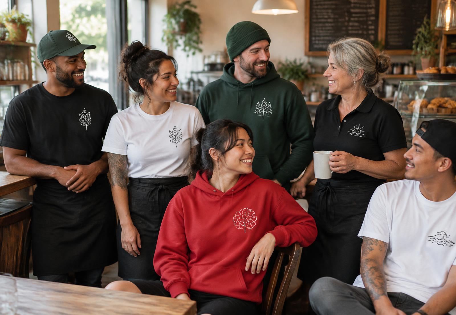 Small business team in matching custom apparel