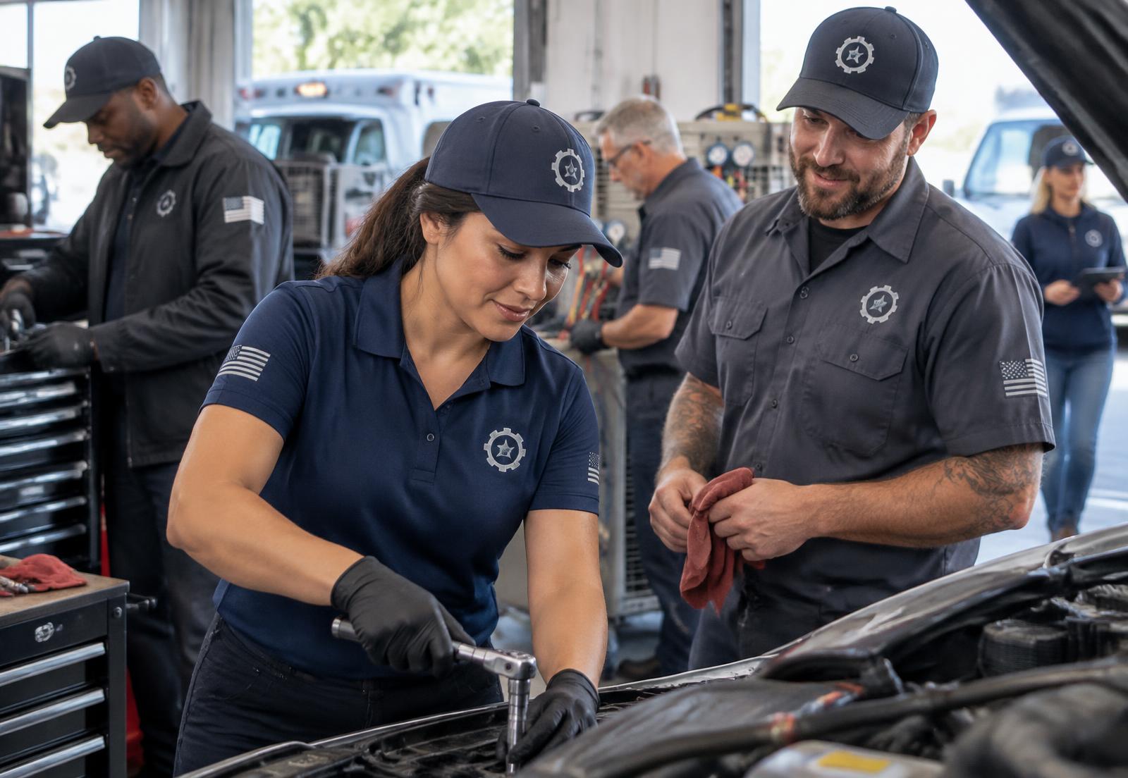 Automotive team wearing coordinated Certified Printz-style workwear