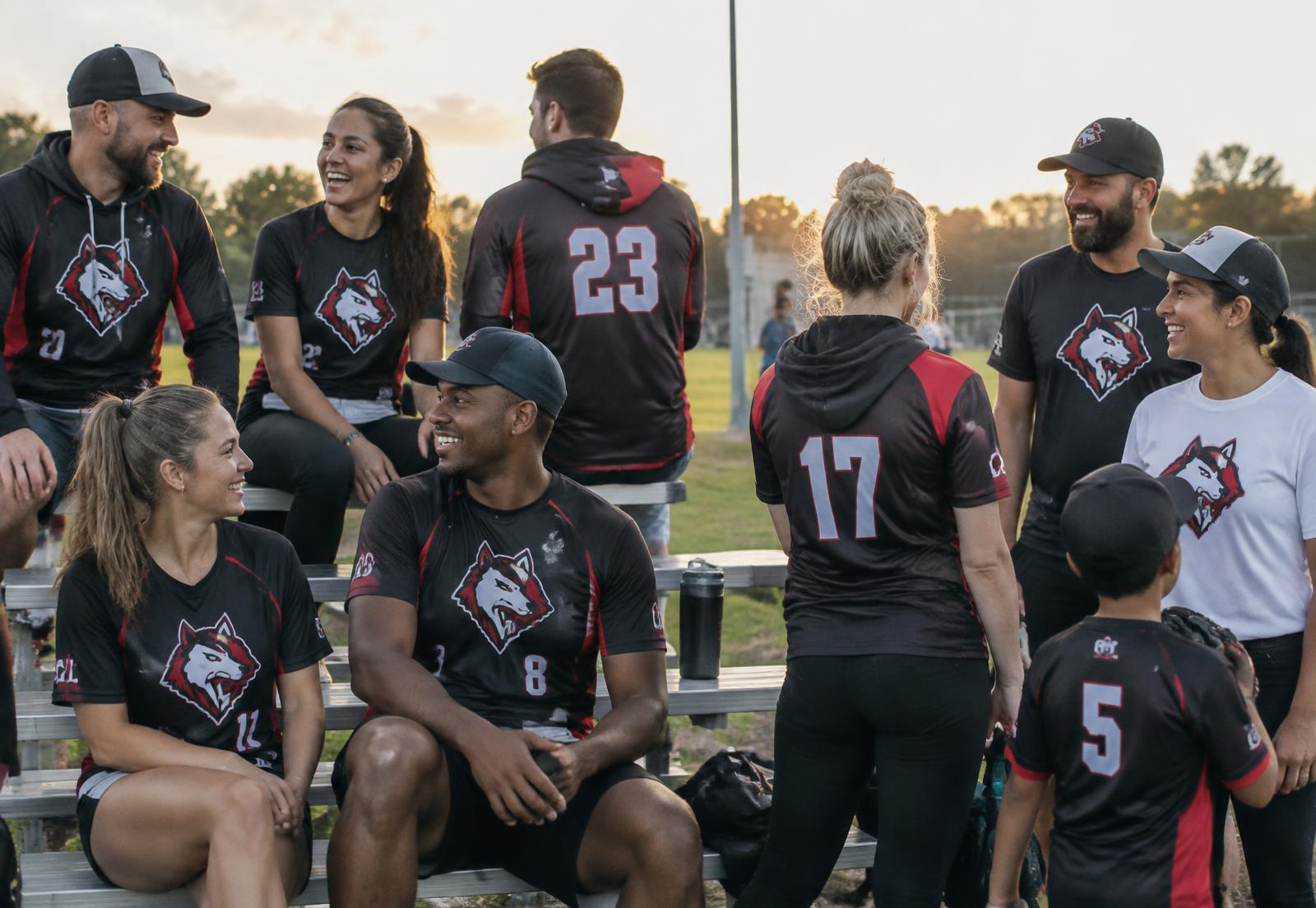 Sports team wearing coordinated custom apparel